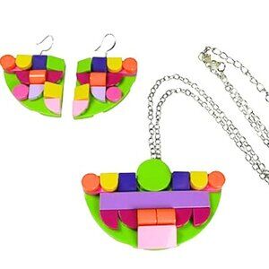 Upcycled Lego Brick Modern Mosaic Necklace & Earrings in Pink, Orange, Green,